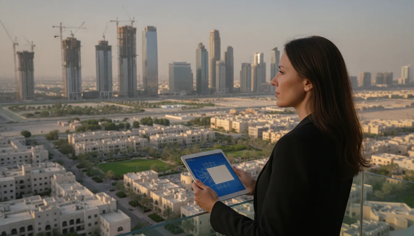 A person looking out over a modern Dubai cityscape with new skyscrapers and active construction cranes in the distance, holding a tablet displaying property plans.