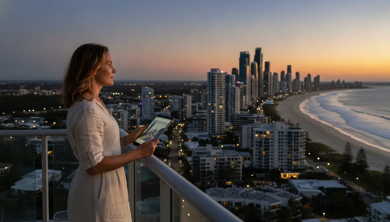 A person, possibly from the UK, holding a tablet or looking at a real estate brochure, with a modern Australian cityscape or a scenic coastal view in the background, implying property search.