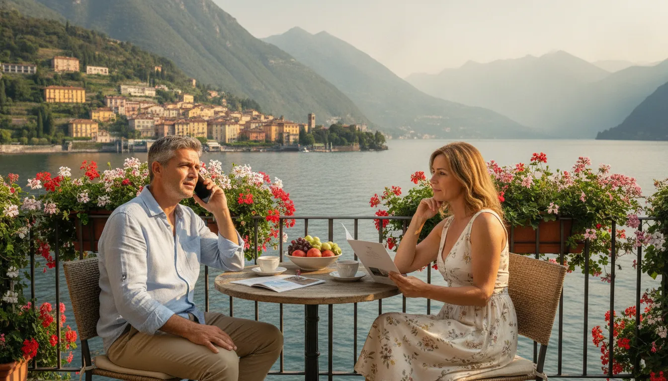 A British couple on a scenic balcony overlooking Lake Como, one partner is on a phone call, discussing details with an agent, while the other looks at a property brochure.