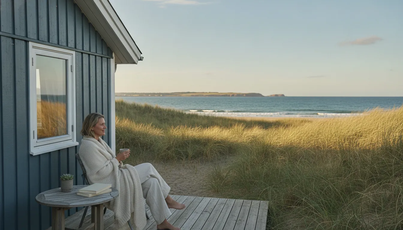 A serene Danish 'sommerhus' on the coast, bathed in warm sunlight, with a person enjoying coffee on a patio overlooking the sea.