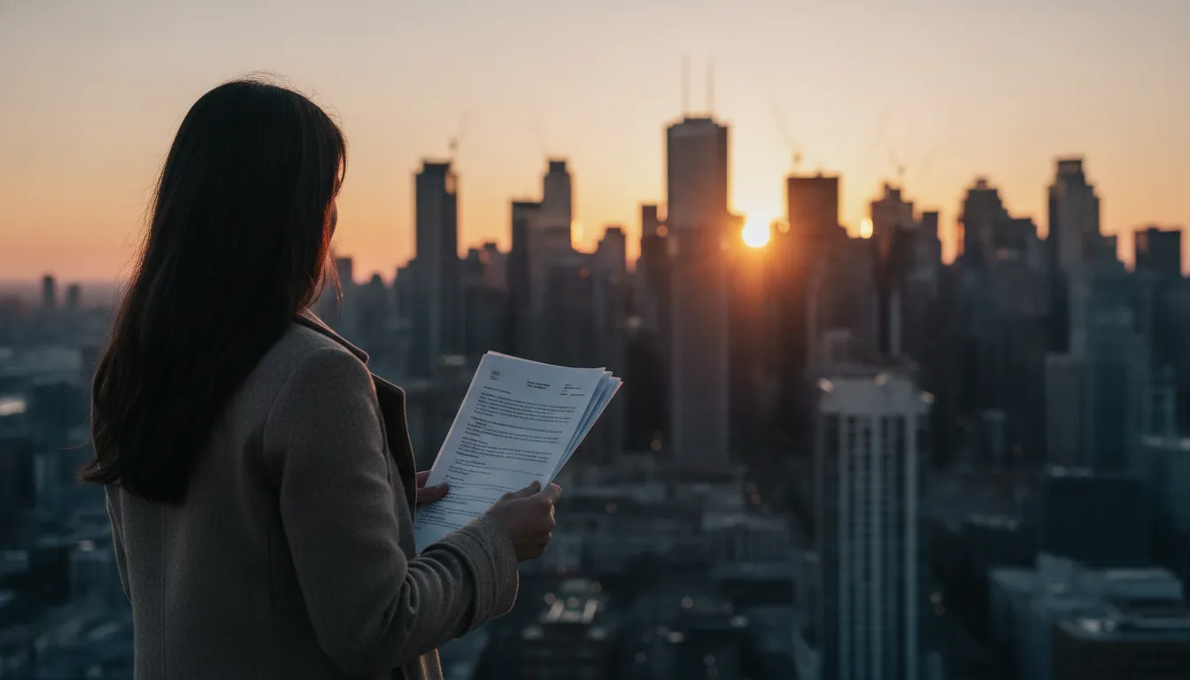 A person stands in front of a modern Canadian city skyline at sunrise, holding documents and looking thoughtfully at the horizon.