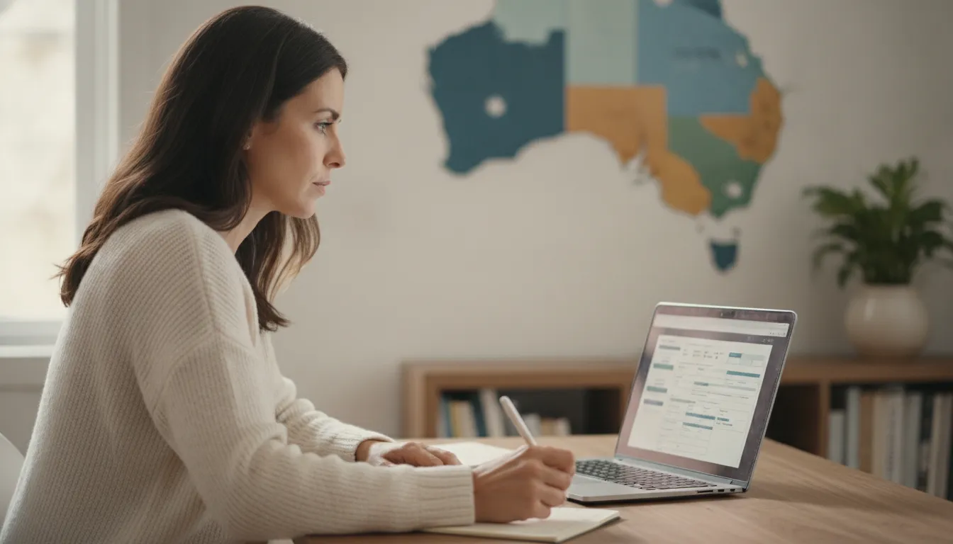 A woman with a thoughtful expression looks at a laptop screen showing Australian tax documents, with a map of Australia faintly visible in the background, representing financial management from abroad.