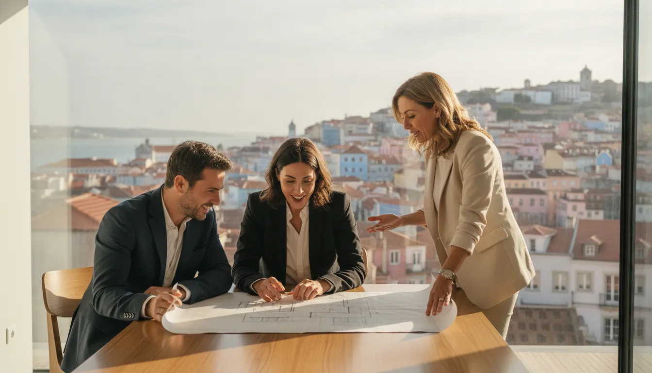 A couple looking at architectural blueprints or documents with a real estate agent, with a sunny Portuguese cityscape (like Lisbon or Porto) visible in the background through a large window, conveying excitement and a new beginning.