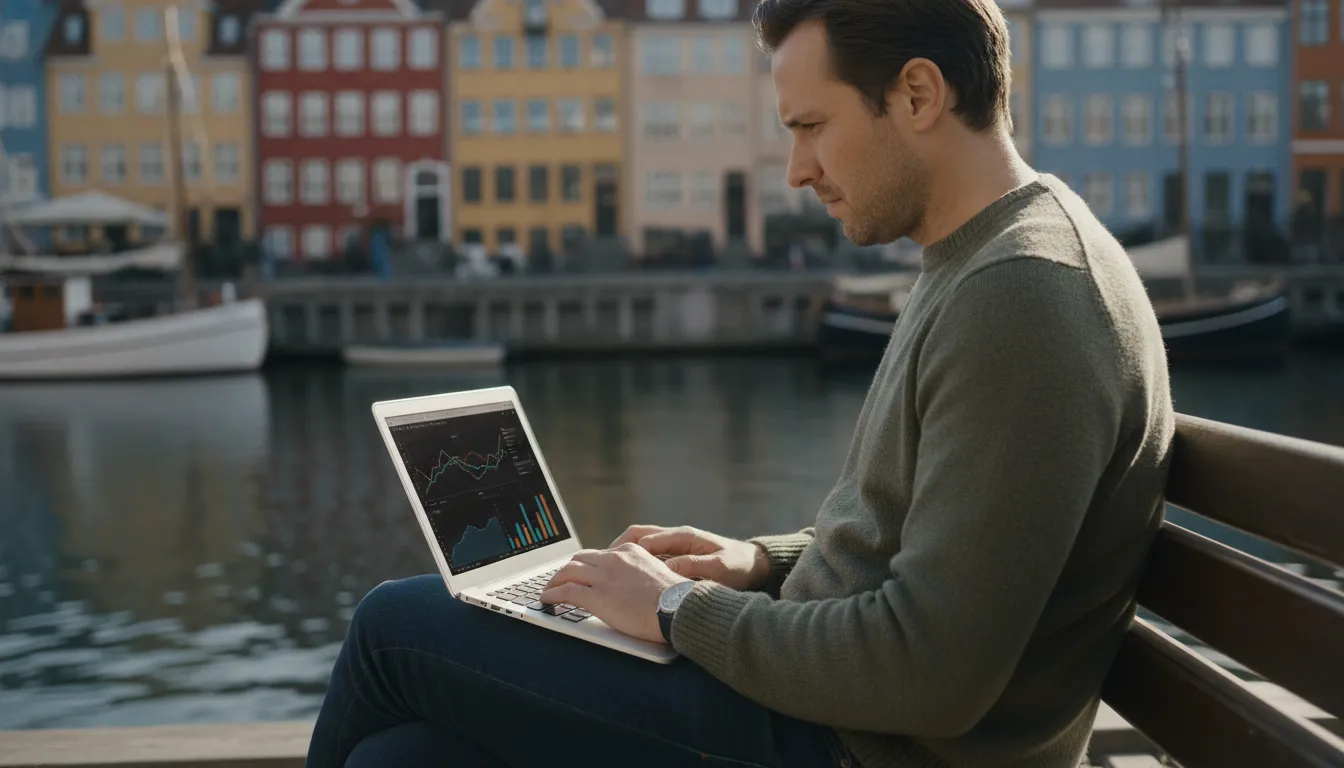 A person, perhaps an expat, looking at their phone or laptop with financial charts or budgeting apps, with a blurred background of a charming Danish street or canal.