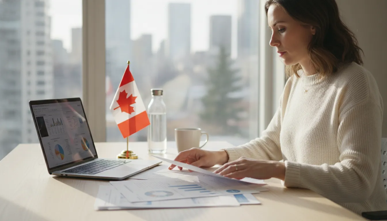 A person reviewing financial documents with a Canadian flag subtly in the background, possibly with a laptop or papers spread out on a table, representing financial planning for relocation.
