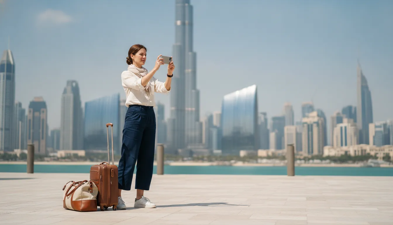 A person looking out at the modern Dubai skyline during the day, holding a phone, with luggage nearby, symbolizing relocation.