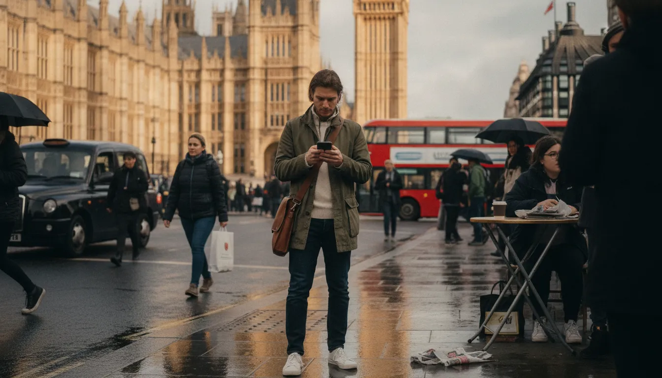 A person looking at a phone in a vibrant city street in the UK, with iconic British architecture in the background, suggesting a blend of local life and global connection.