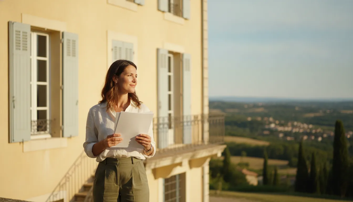 A person, possibly a UK citizen, standing contemplatively in front of a charming French house or villa, holding a financial document or tablet, with the French countryside or a town in the background, suggesting the dream and financial reality of home ownership.