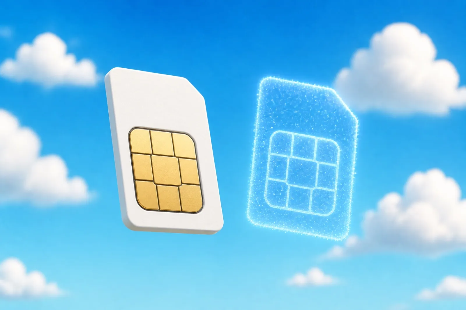 A physical SIM card next to a glowing digital eSIM floating in a blue sky