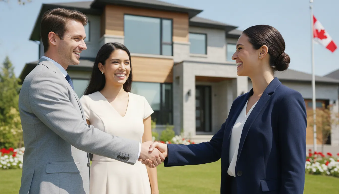 A professional real estate agent shaking hands with a UK couple in front of a modern house in Canada, with a subtle Canadian flag in the background, implying a successful property transaction.