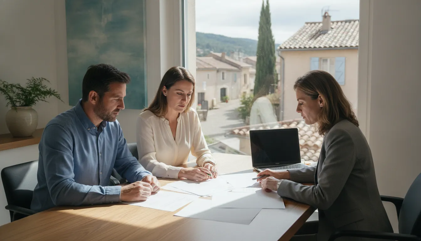 A couple, possibly British, reviewing property documents with a French real estate agent in a bright, modern office, a window showing a French village in the background.