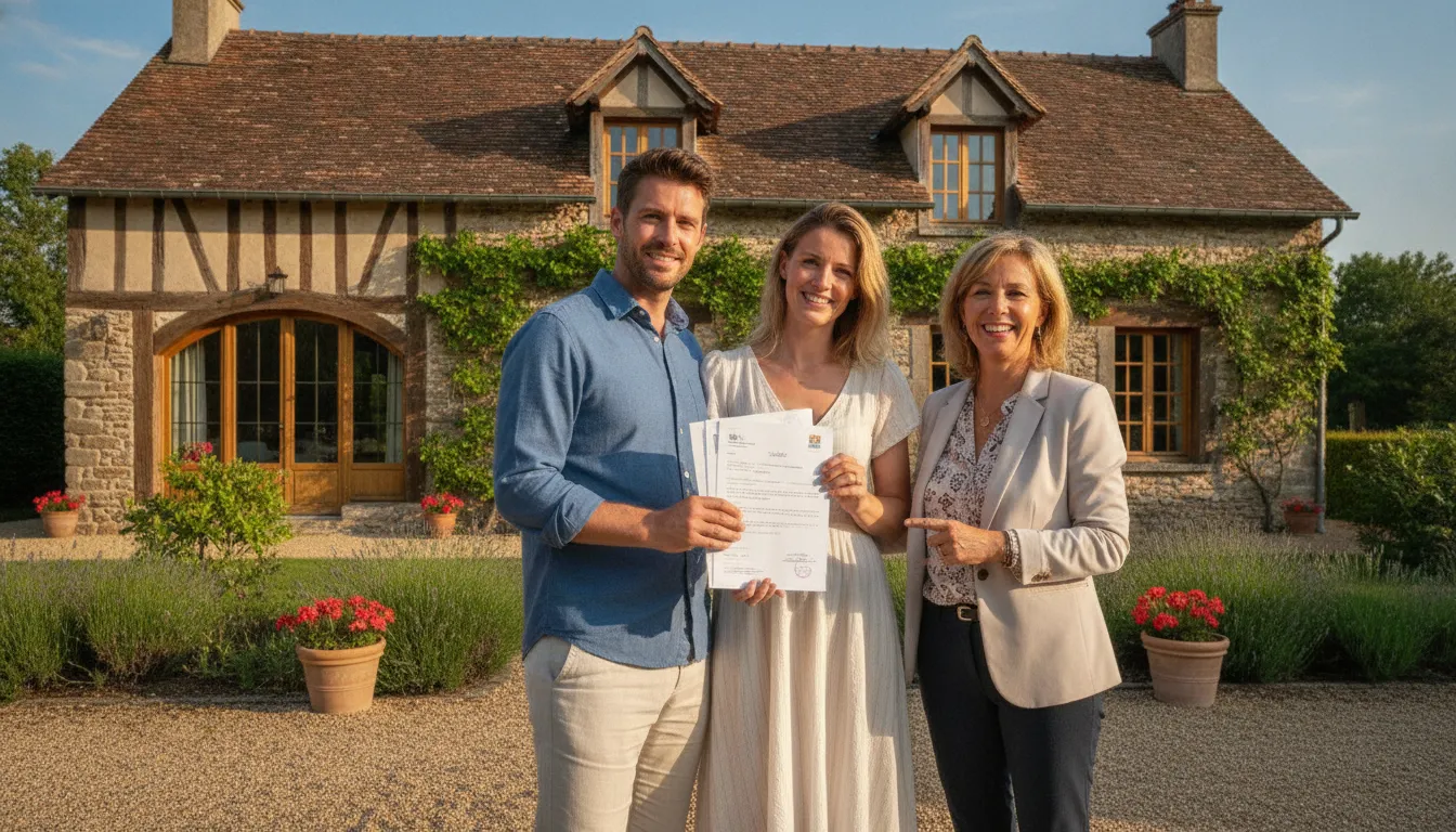 A British couple standing in front of a charming French countryside house, holding official-looking documents and smiling with a local real estate agent.