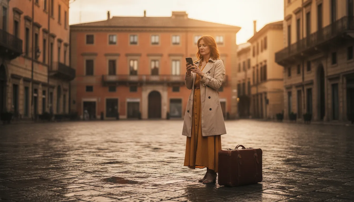 A person with a suitcase looking at a smartphone, with a backdrop of a charming Italian street or piazza, suggesting travel and new beginnings.