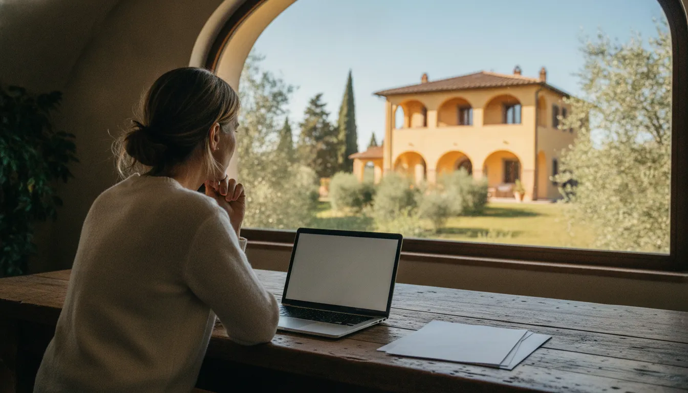 A person, possibly a UK citizen, sitting at a table with a laptop and documents, looking out a window at a charming Italian villa in Tuscany, symbolizing the dream of buying property abroad.