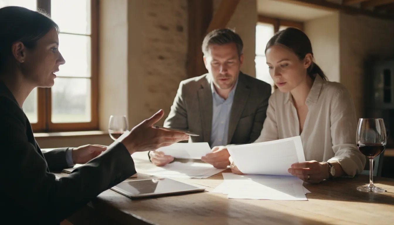 A British couple sits at a wooden table in a sunlit French home, reviewing property documents with a legal professional, a glass of wine nearby.