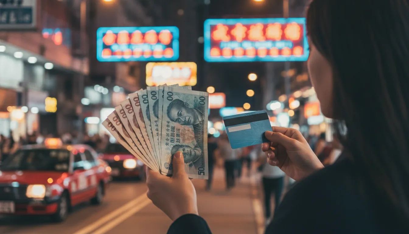 A person holds both Hong Kong dollar banknotes and a credit card, standing on a bustling Hong Kong street with iconic red taxis and neon signs in the background, suggesting payment options.