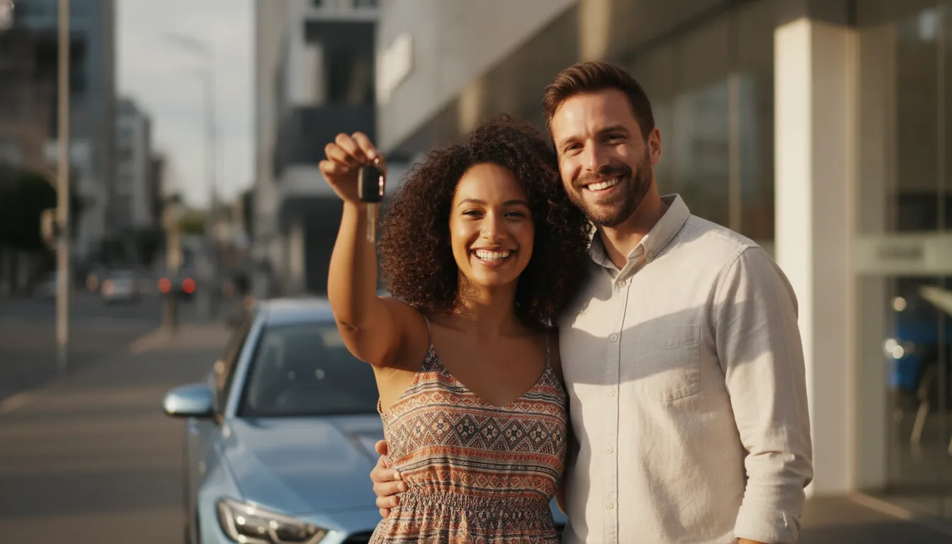 A diverse couple, possibly expats, standing in front of a new or used car dealership in Australia, looking happy and holding keys, with Australian urban scenery in the background.