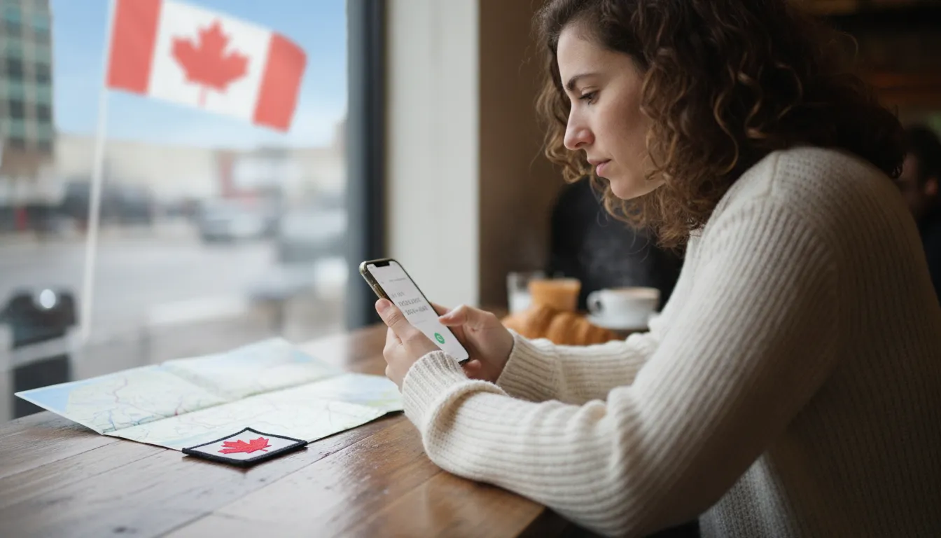 A person sitting at a cafe table, looking at their phone screen with an international dialing sequence displayed, perhaps a map on the table or a subtle Canadian flag in the background, suggesting travel and connection.
