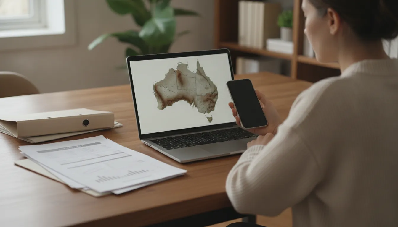 A person, possibly an expat, looking at a laptop screen with a map of Australia and property documents, while holding a smartphone, in a comfortable home office setting.