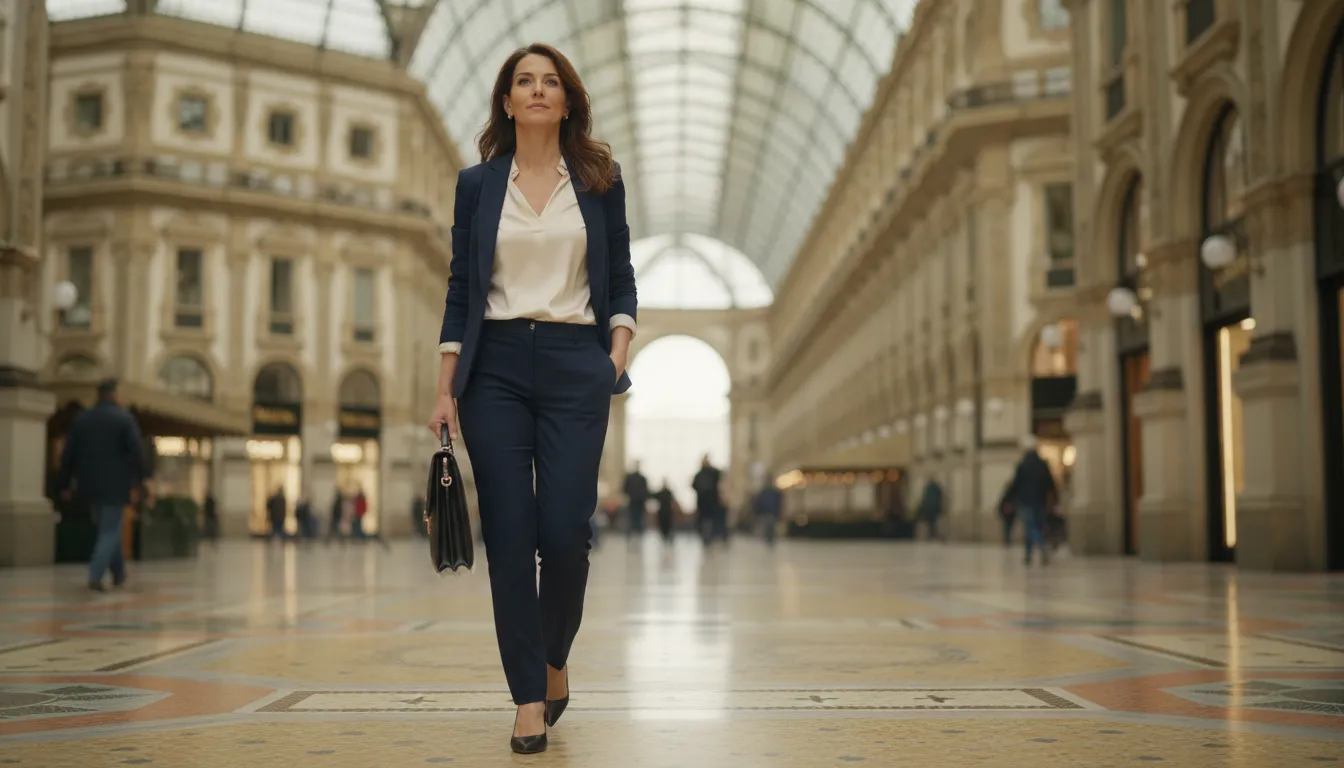 A professional woman confidently walking through Milan's Galleria Vittorio Emanuele II, holding a briefcase, with soft morning light.