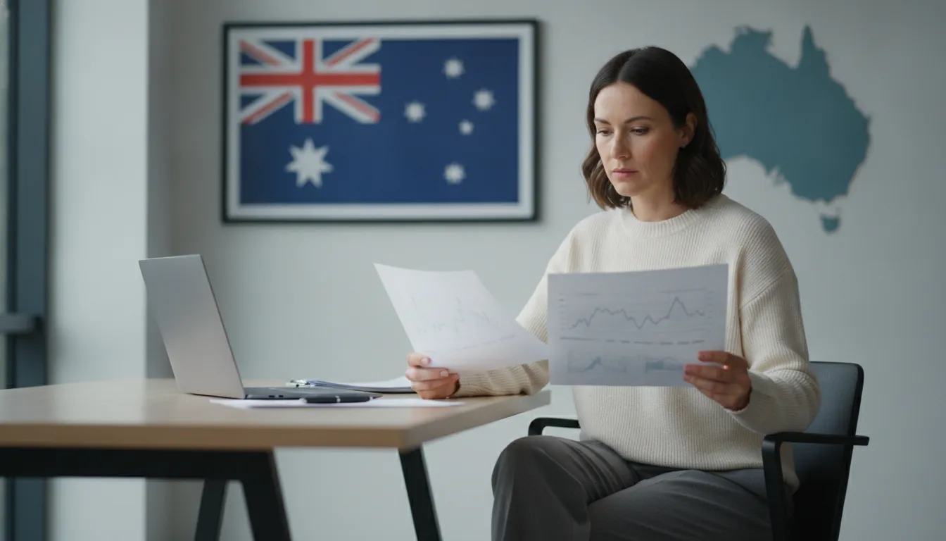 A thoughtful UK expat sitting at a modern desk, reviewing financial documents with a laptop open, an Australian flag or map subtly in the background, representing international finance.
