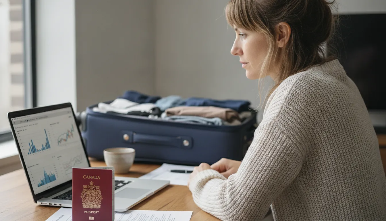 A person sitting at a desk in a foreign apartment, looking at a laptop with banking information, a Canadian passport visible nearby, with a packed suitcase in the background.