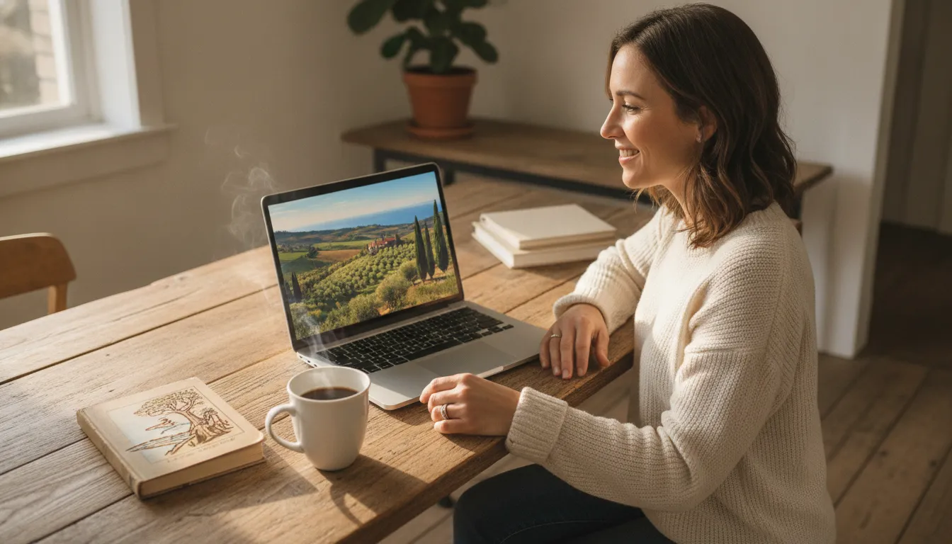 A person, perhaps an expat, with a laptop open showing an Italian landscape, a travel guide, and a cup of coffee, looking happy and thoughtful about their upcoming move to Italy.