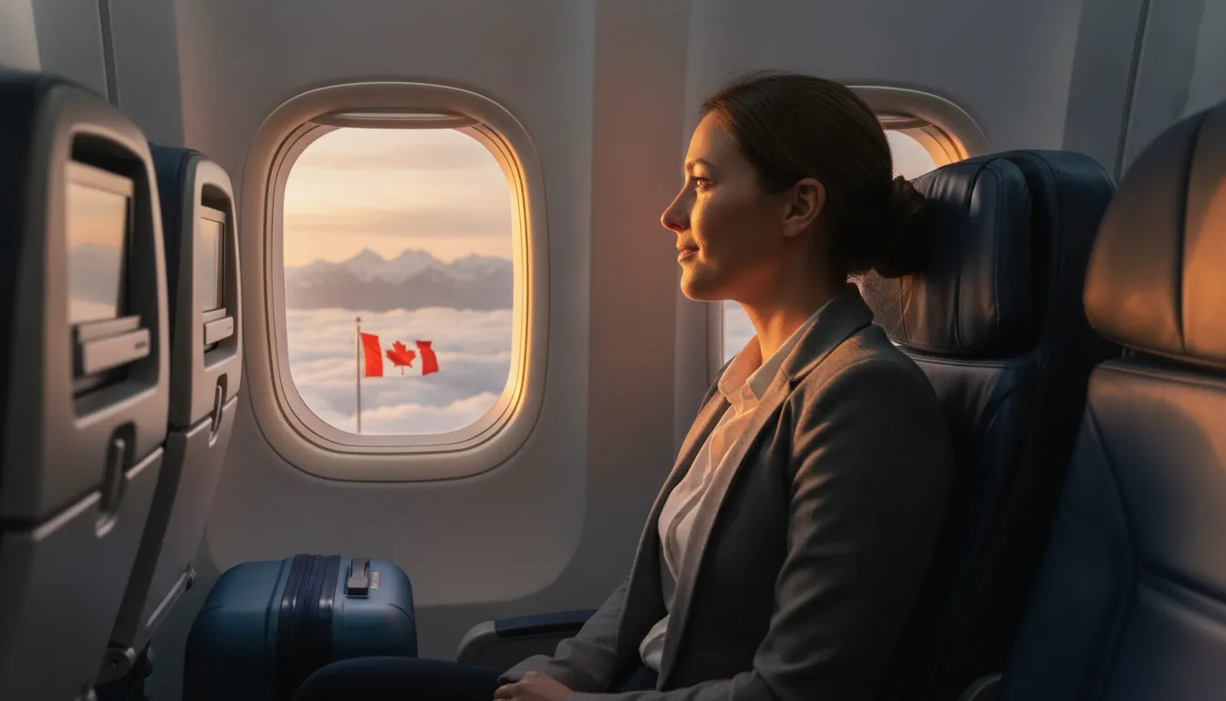 A young professional looking out of an airplane window, a Canadian flag visible in the distance, with a packed suitcase at their feet.