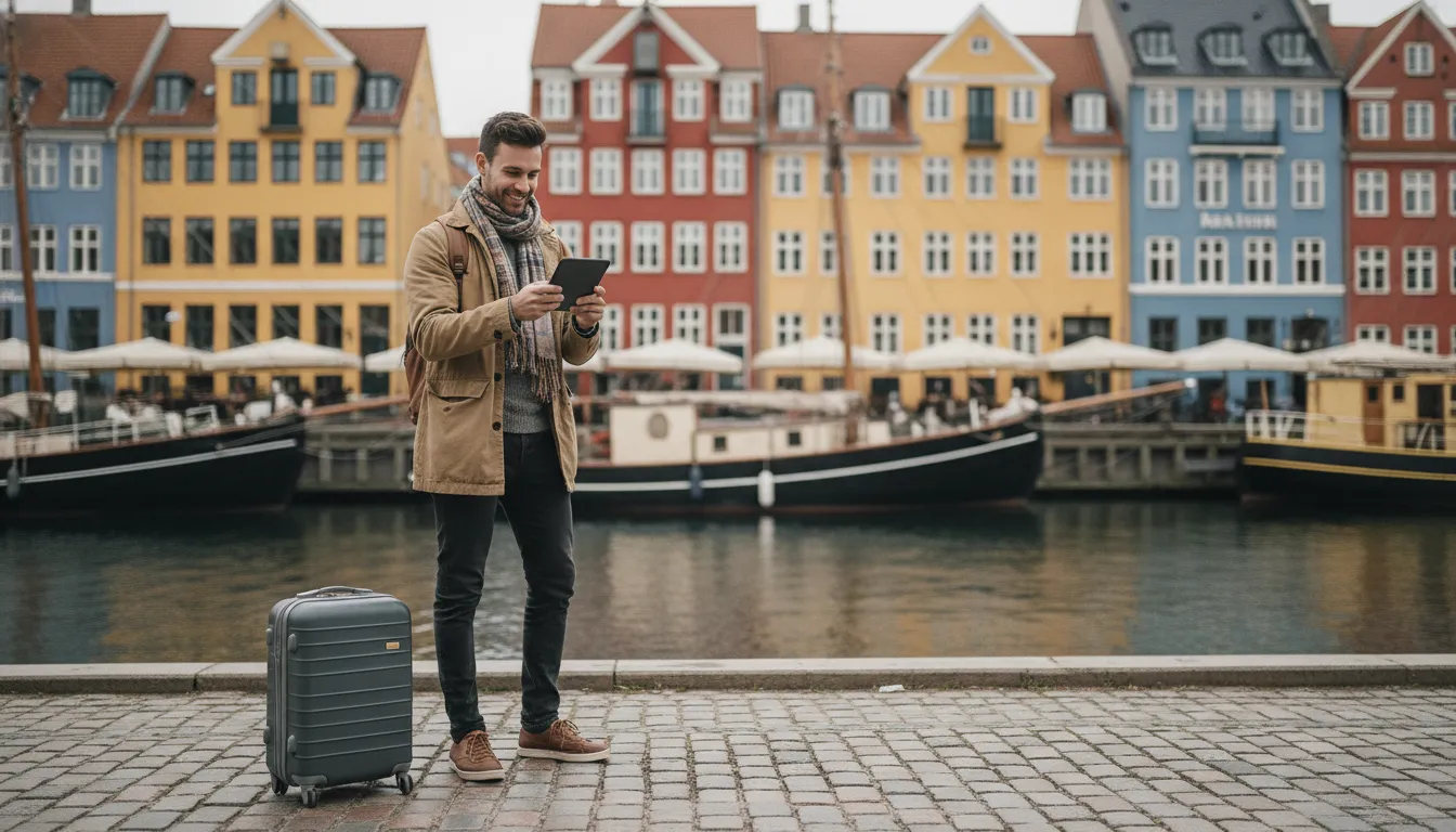 A British person looking at a map or phone with Copenhagen landmarks in the background, perhaps with a suitcase nearby, conveying excitement and planning.
