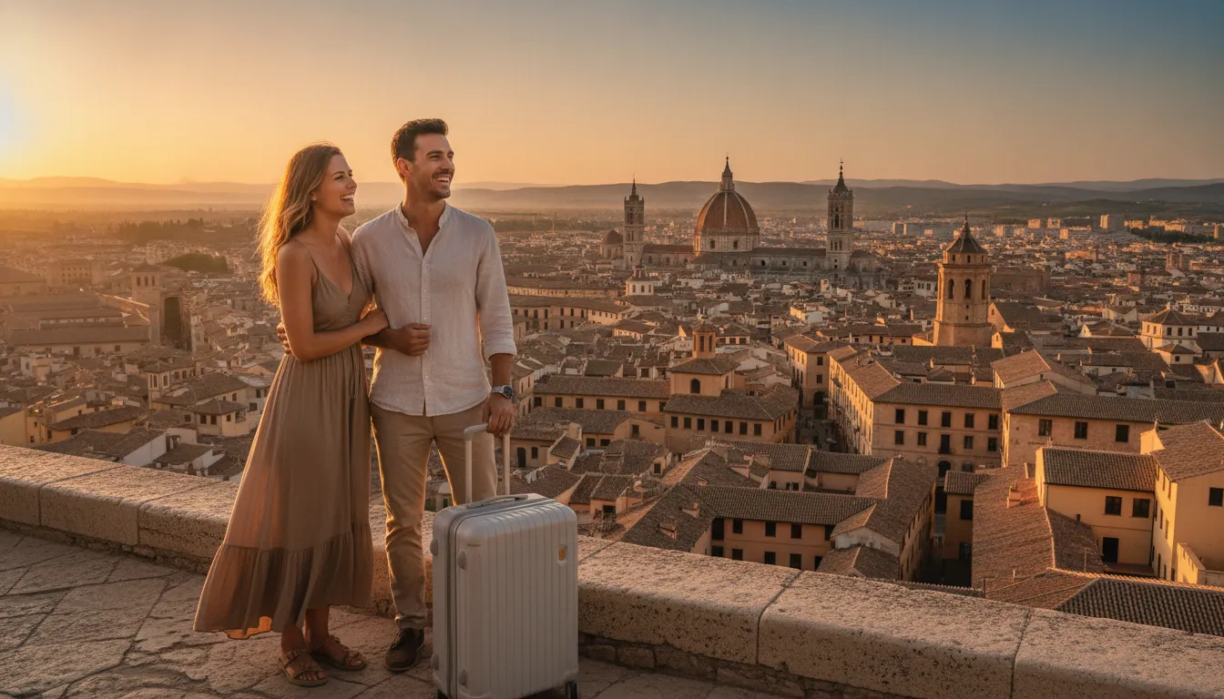 A British couple smiling and looking out over a sunny Spanish city skyline with a suitcase nearby, symbolizing a new beginning.