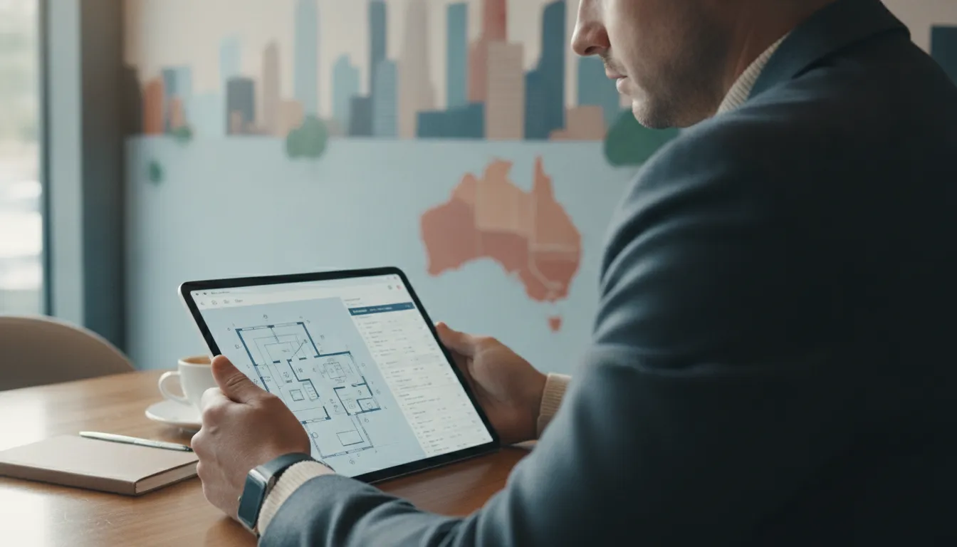A person, perhaps an expat, looking at a tablet displaying a house floor plan or inspection report, with a stylized map of Australia and a city skyline subtly in the background, suggesting property investment from afar.