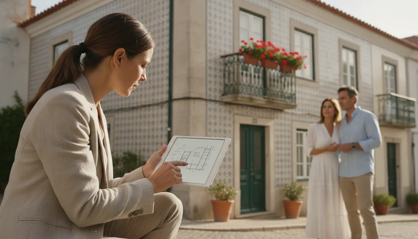 An expert property surveyor using a tablet to inspect a traditional Portuguese home, with a couple looking on in the background, a sunny day in Portugal.