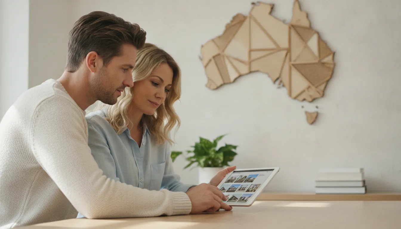 An expat couple looking at a tablet with Australian real estate listings, with a map of Australia visible in the background on a wall, suggesting international property investment.