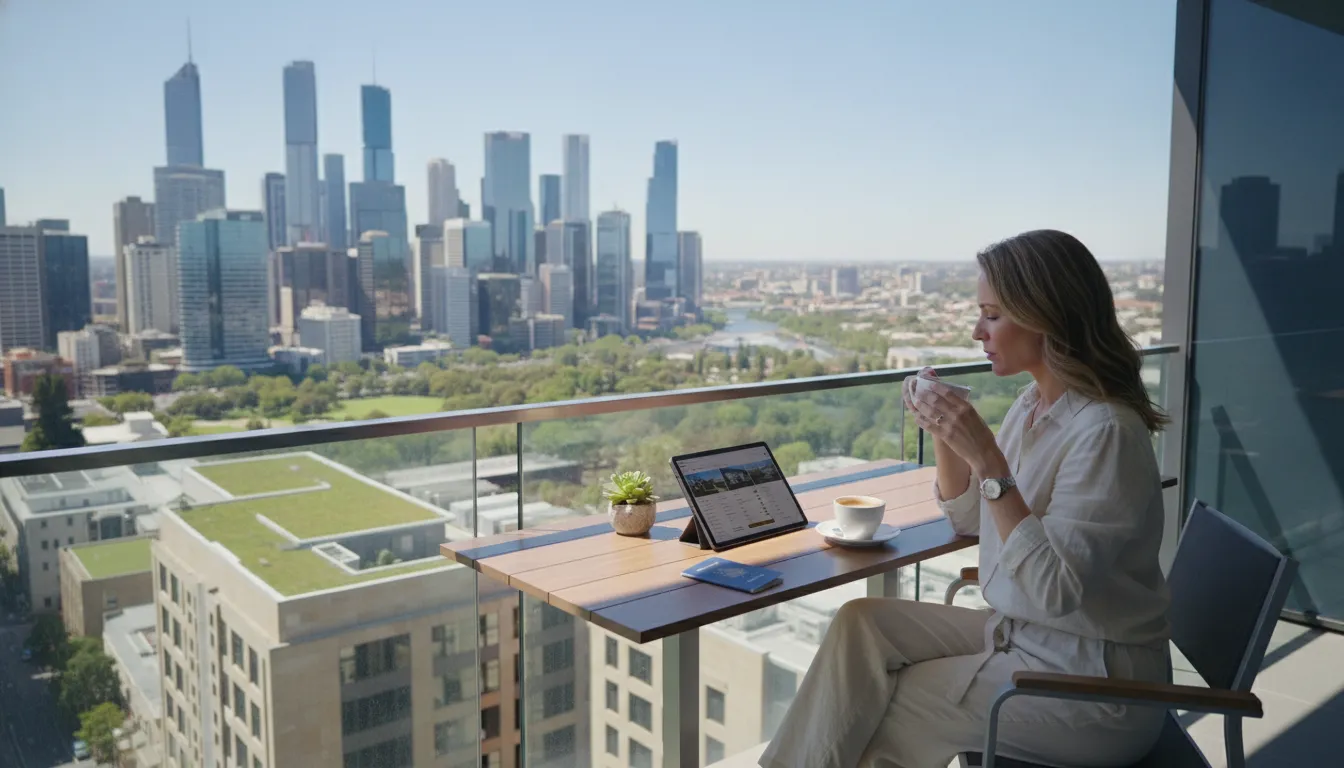 An expat woman looking at a property listing on a tablet while sitting on a balcony overlooking a modern Australian city skyline, a passport and coffee on the table.