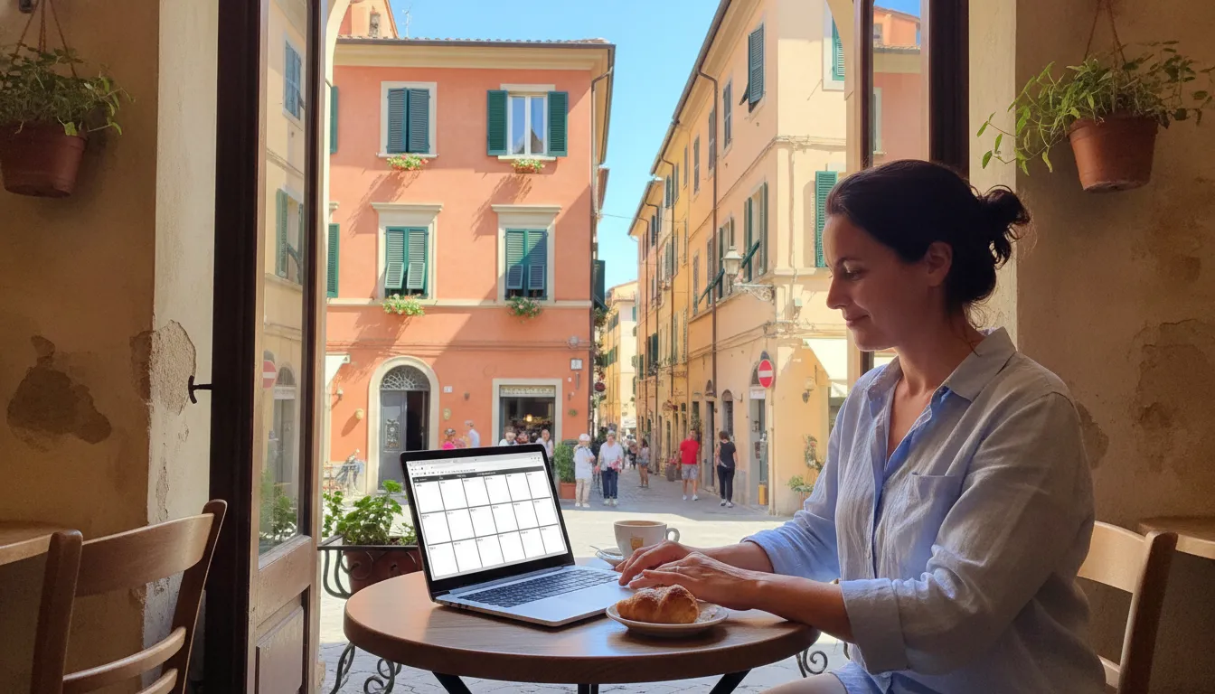 A person, possibly a UK citizen, looking at rental listings on a laptop in an Italian cafe, with a typical street scene visible outside.