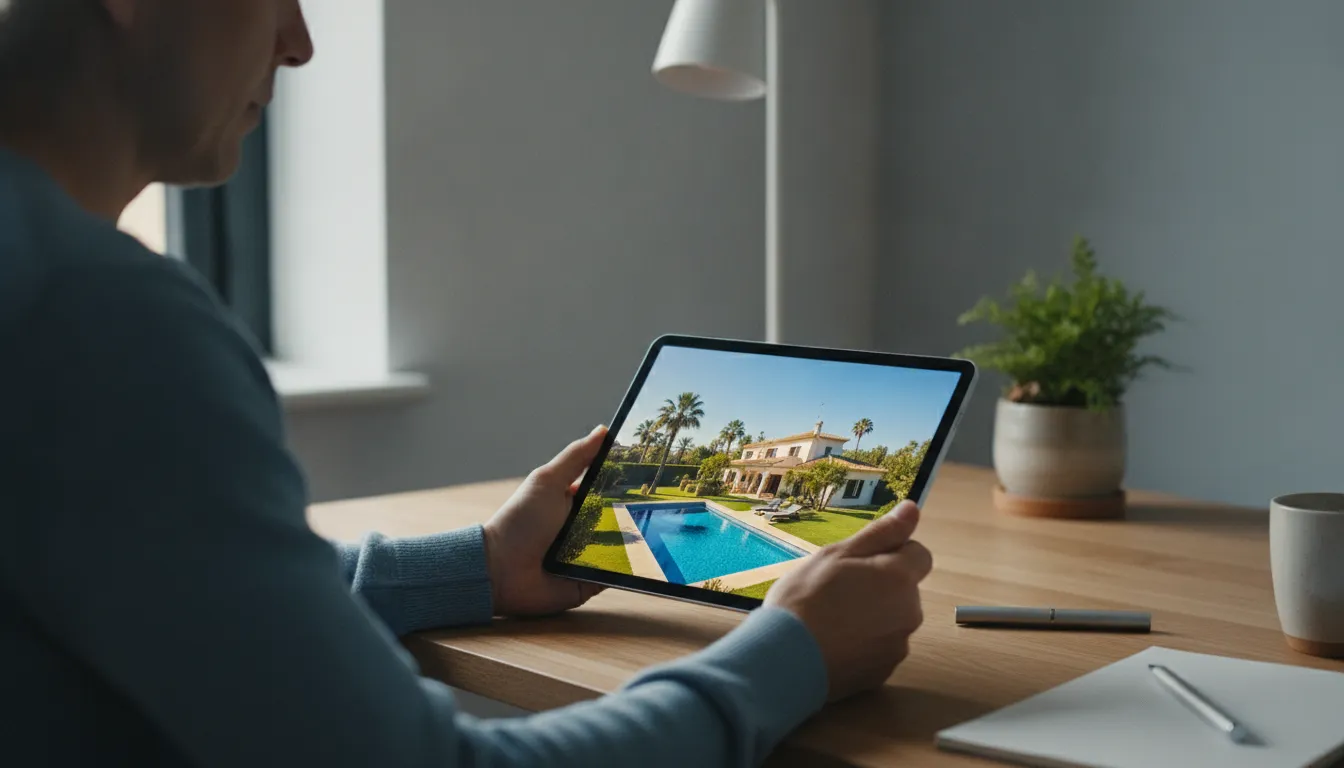 A person sitting at a desk in the UK, looking at a tablet showing a sunny Spanish villa, contemplating property rental.