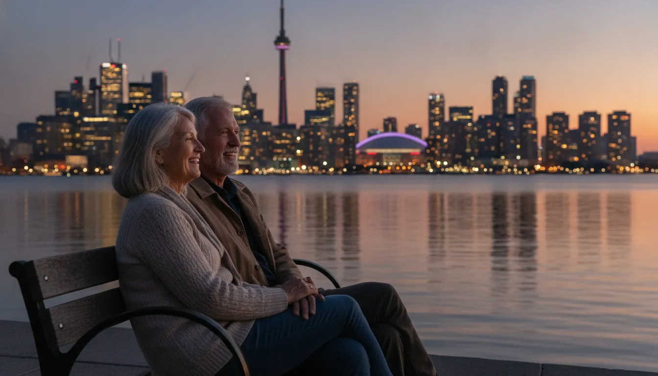 An older British couple enjoying a scenic view of a Canadian city skyline from a park bench, looking relaxed and happy, with a focus on their joyful expression.