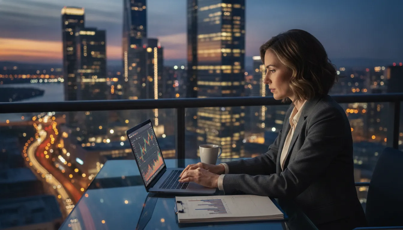 A professional individual, possibly an expat, looking at financial documents or a laptop screen with stock charts, with elements suggesting international travel or global finance in the background.