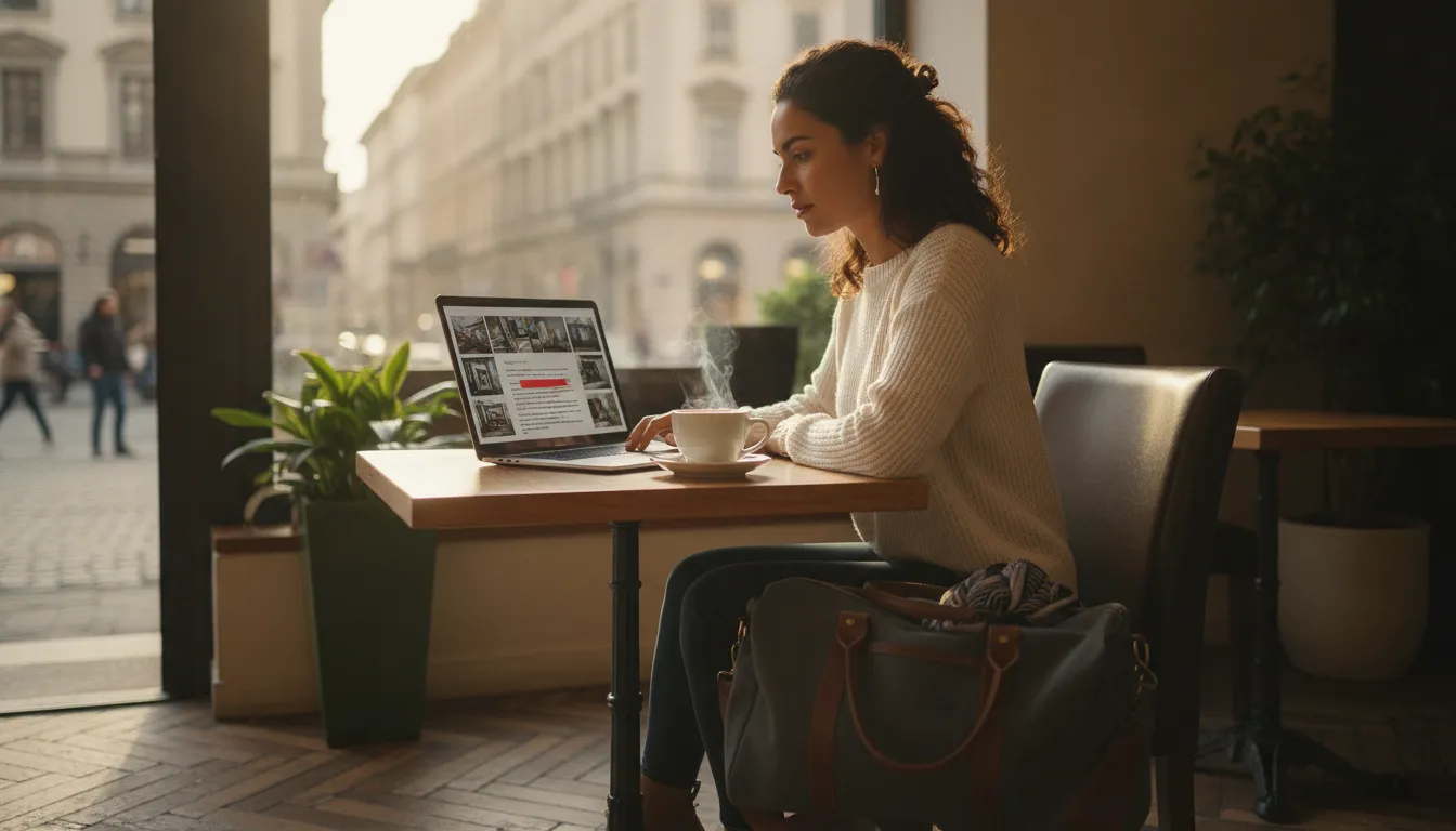 A person sitting at a laptop in a cafe, looking at property listings or legal documents, with a travel bag nearby, suggesting managing international affairs.