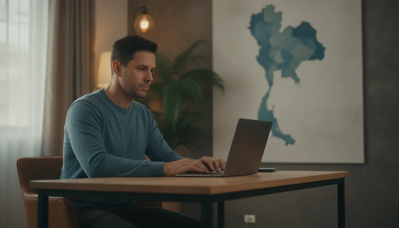 A UK citizen sitting at a laptop in their home office, looking thoughtful, with a faint map of Thailand visible on a screen or wall in the background, contemplating property sale.