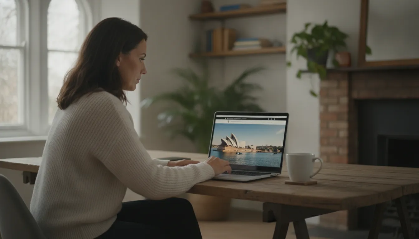 A person in London, perhaps at a desk with a cup of tea, looking at a real estate website on a laptop, with a subtle hint of the Sydney skyline visible on the screen or in a background image on the wall, representing international property search.