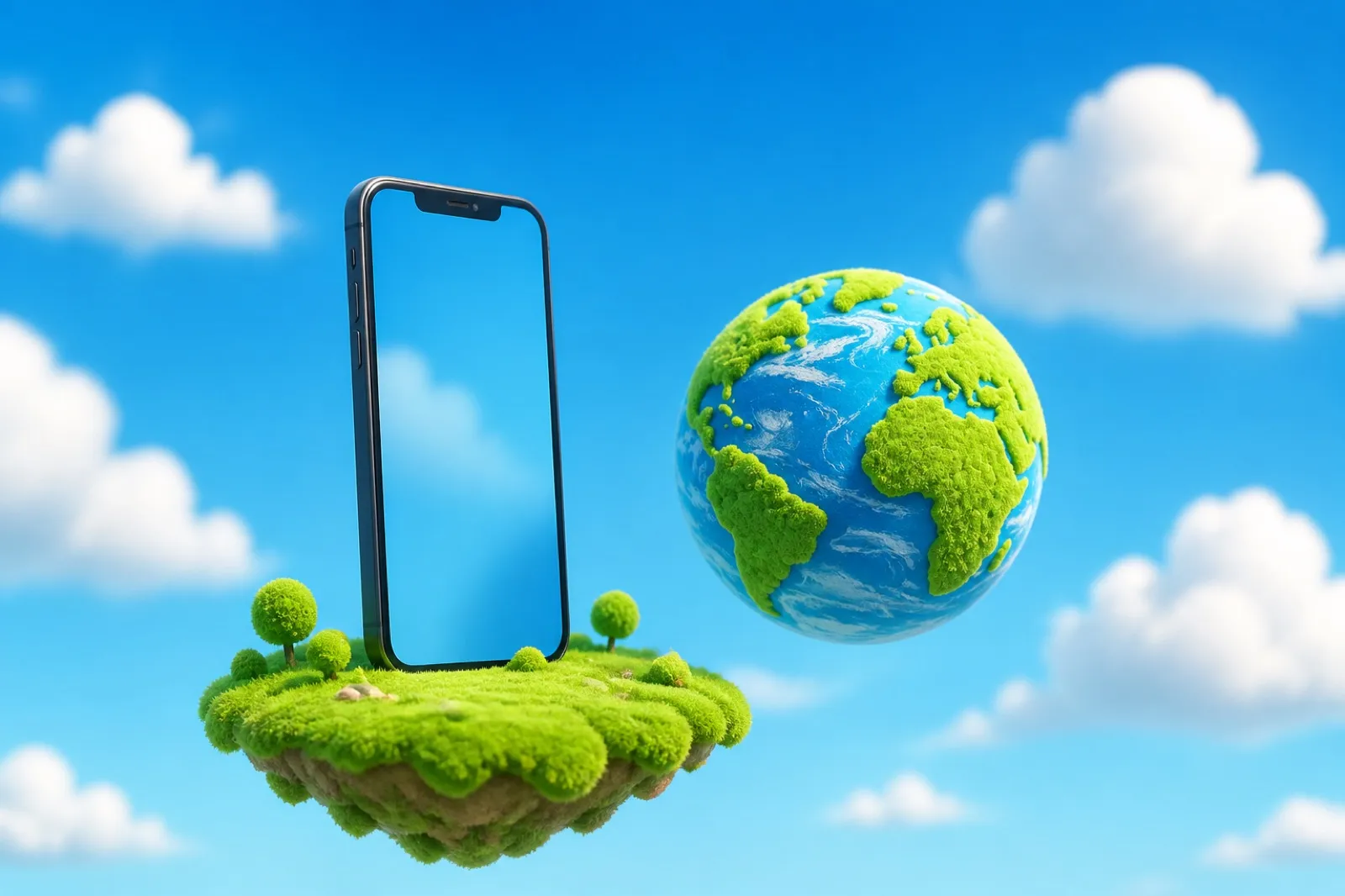 A smartphone on a floating moss island next to a small green-and-blue planet Earth