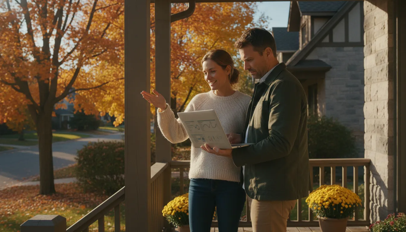 A thoughtful UK couple looking at a scenic view of a Canadian city skyline or a picturesque Canadian home, perhaps with a laptop open to mortgage information, suggesting future plans and financial considerations.