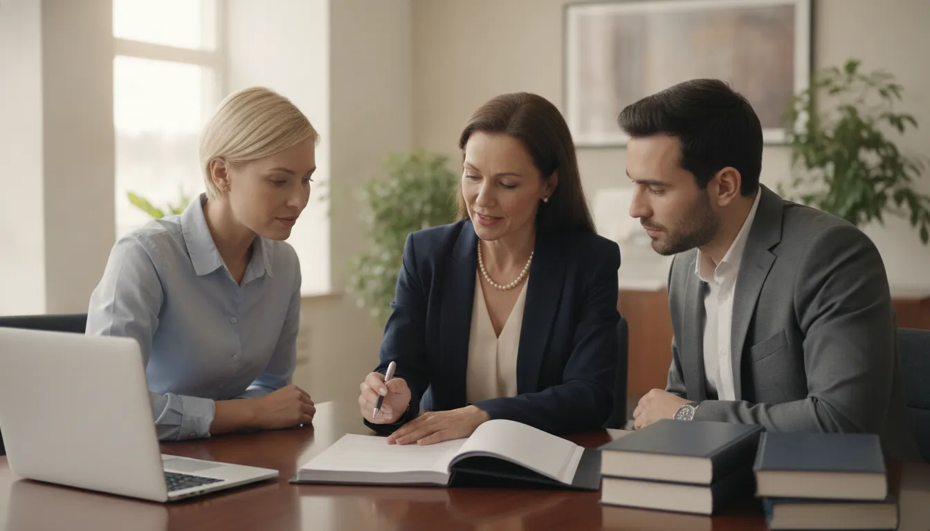 A professional Portuguese notary explains property documents to an expat couple in a bright, modern office, with a computer and legal texts on the table.