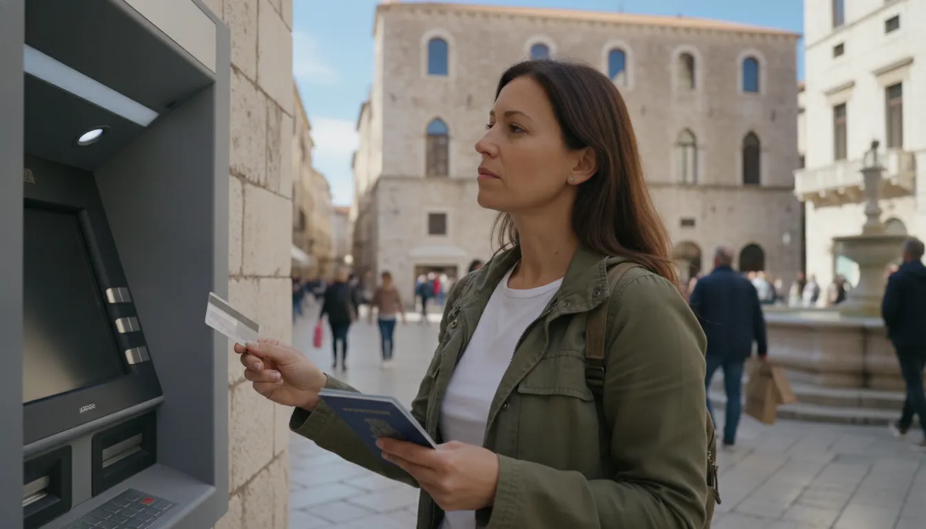 A traveler, passport and credit card in hand, looking at an ATM screen in a bustling foreign city square, contemplating a transaction, with historical buildings in the background.