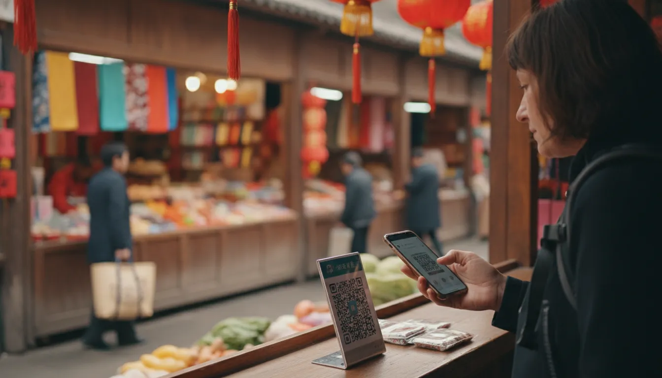 A foreign traveler in a bustling Chinese market, paying for goods using WeChat Pay on her smartphone, with traditional Chinese lanterns and stalls in the background under soft daylight.