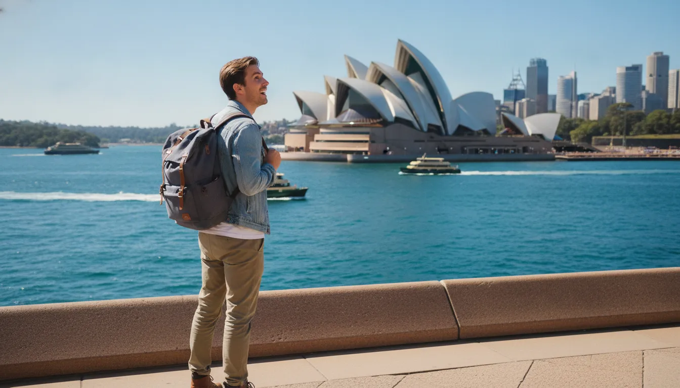 A young British traveler, backpack on, excitedly looking at the Sydney Opera House with the harbor in the background, enjoying a sunny day.