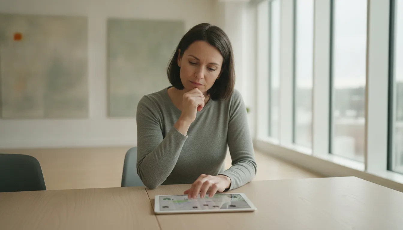 A person, possibly an expat, looking at a tablet with property listings in Australia, perhaps with a map or a house icon, in a modern, light-filled room, reflecting on their property journey.