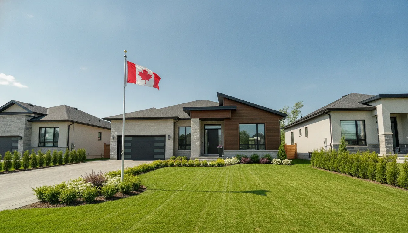 A suburban house with a Canadian flag in its front yard.