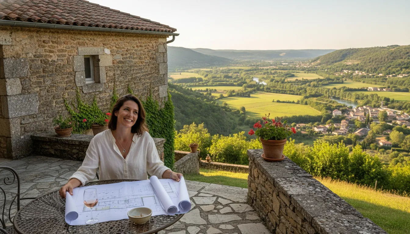A traditional French stone house on a green hill.
